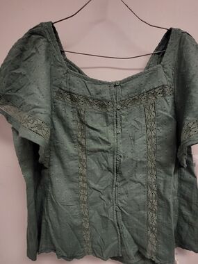Old Navy Sage Green Button-Front Lace Trim Blouse